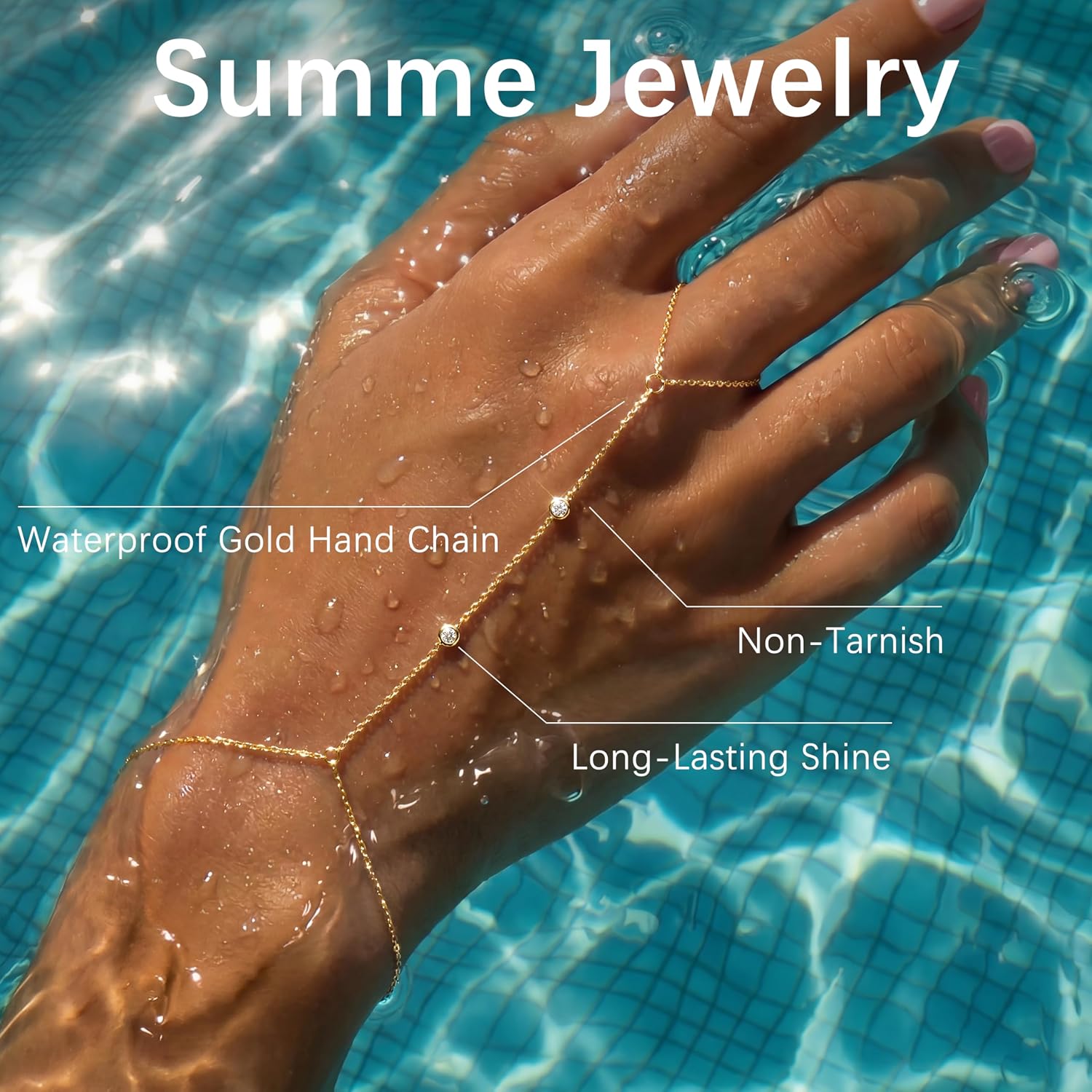 Waterproof 14K Gold Plated Hand Chain for Women Trendy, Non Tarnish Dainty Cubic Zirconia Finger Ring Bracelet, Summer Beach Hand Jewelry Minimalist Adjustable Simple Cute Gold Ring Chain Bracelets Fashion Gifts