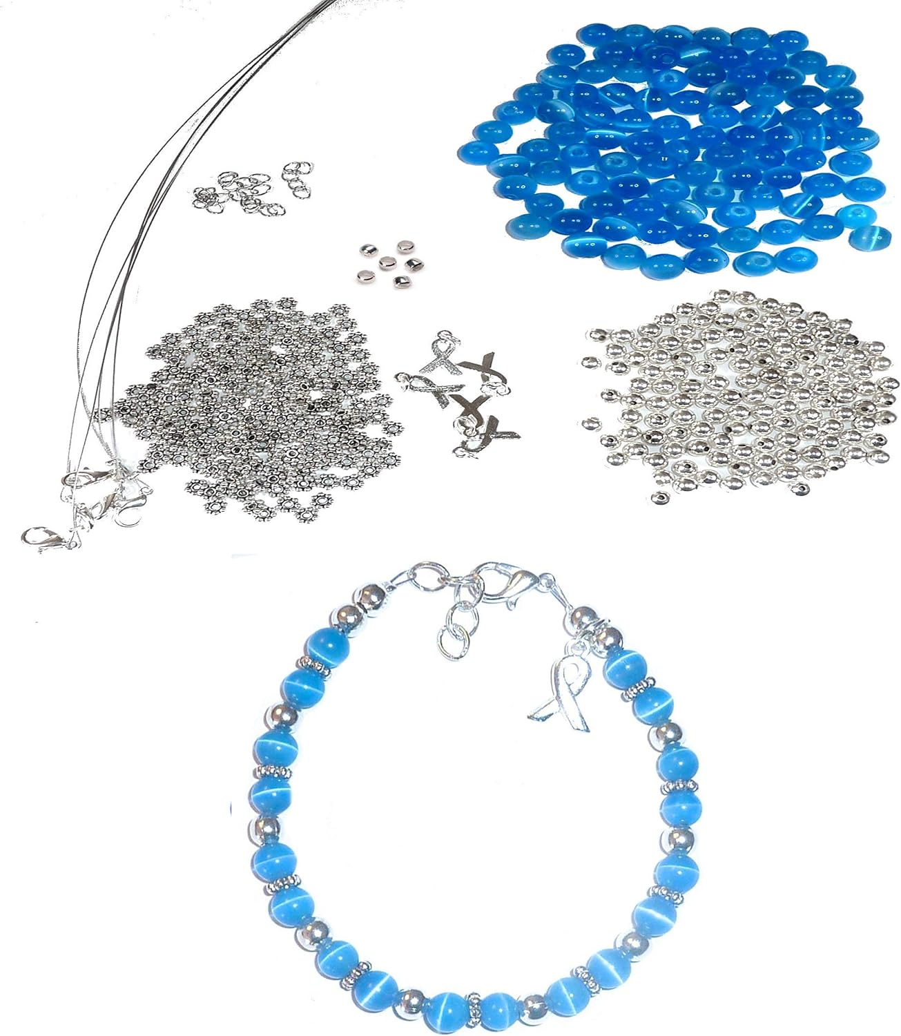 Hidden Hollow Beads DIY Craft Beading Kit, Everything to Make Cancer Awareness Bracelets, Uses Wire, Crimps and Clasps, Fundraising and Gifts (Ovarian Cancer - Teal - Makes 5)
