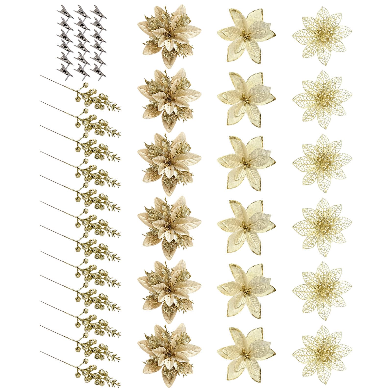 Artificial Poinsettia Christmas Decoration Set, Layered Glitter Fabric Flower Clips for Tree, Wreath, Mantel Styling Clip on Poinsettia Decorations Holiday Flower Clips Wreath Tree Mantel Doorway Wall