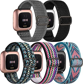DaQin Elastic Sport Nylon Band Compatible with Fitbit Versa 2 Watch Bands Women Men, 5 Pack Adjustable Stretchy Solo Loop Wristband for Versa/Versa Lite/SE/Fitbit Versa 2 Bands Women of Smartwatch