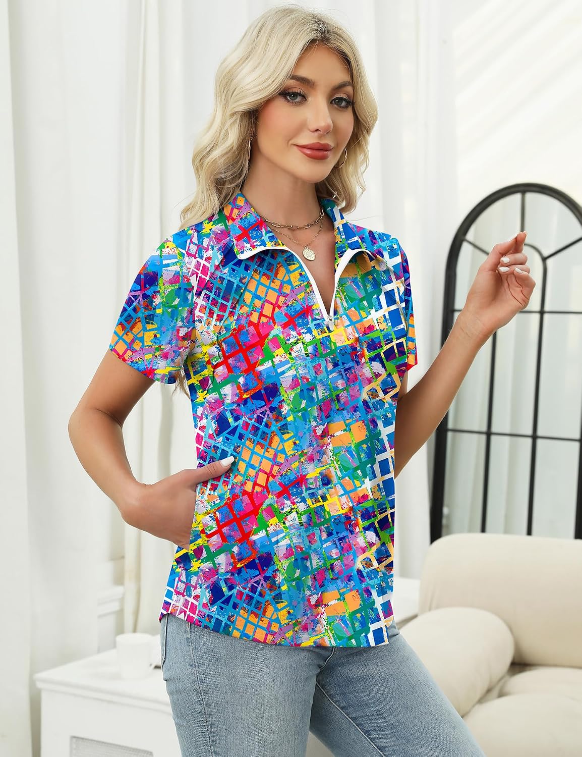 LOMON Womens Golf Polo Shirts Summer Short Sleeve 1/4 Zip Tops Moisture Wicking Casual Tennis Activewear with Pockets