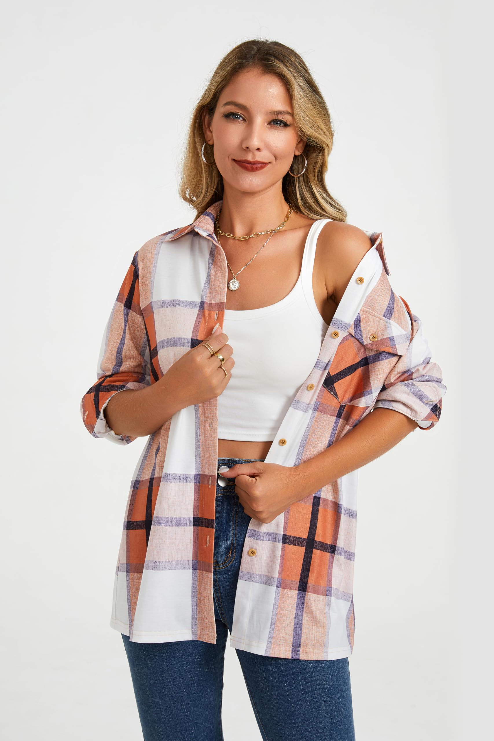 Enmain Camisa a Cuadros Mujer Manga Larga Camisa Elástica Botones Blusas de Cuadros con Bolsillos