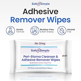 Safe n Simple Resealable Adhesive Remover Wipes for Skin - 50 Large 5x7 No Sting Alcohol Free Medical Adhesive Remover Pads for Ostomy, Stoma Care - Gentle Adhesive Removal Wipes for Bandages, Tape