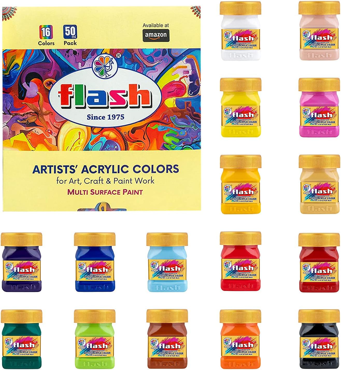 Flash Acrylic Paint Set |16 Colors | 50 ml, 1.7 fl oz Each | High Pigment Strength | Non Fading | Indoor/Outdoor | Non Toxic | Multi-Surface Paint | Pro Artist, Hobby Painters & Kid