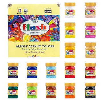 Flash Acrylic Paint Set |16 Colors | 50 ml, 1.7 fl oz Each | High Pigment Strength | Non Fading | Indoor/Outdoor | Non Toxic | Multi-Surface Paint | Pro Artist, Hobby Painters & Kid | Made in India