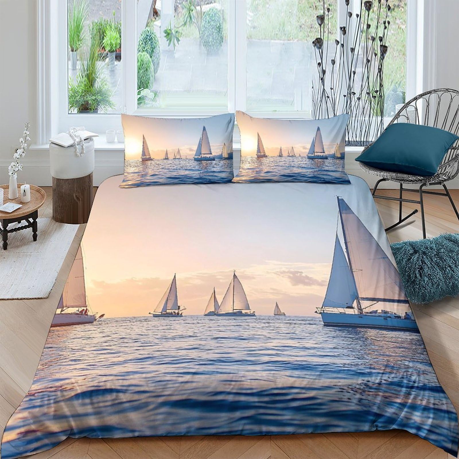GPLZQXKJNH 3D Printed Sailing Sunset Duvet Cover Microfiber Soft Breathable Ocean Yacht Bedding Set with 2 Pillowcases for Bedroom Decor Single（135x200cm）