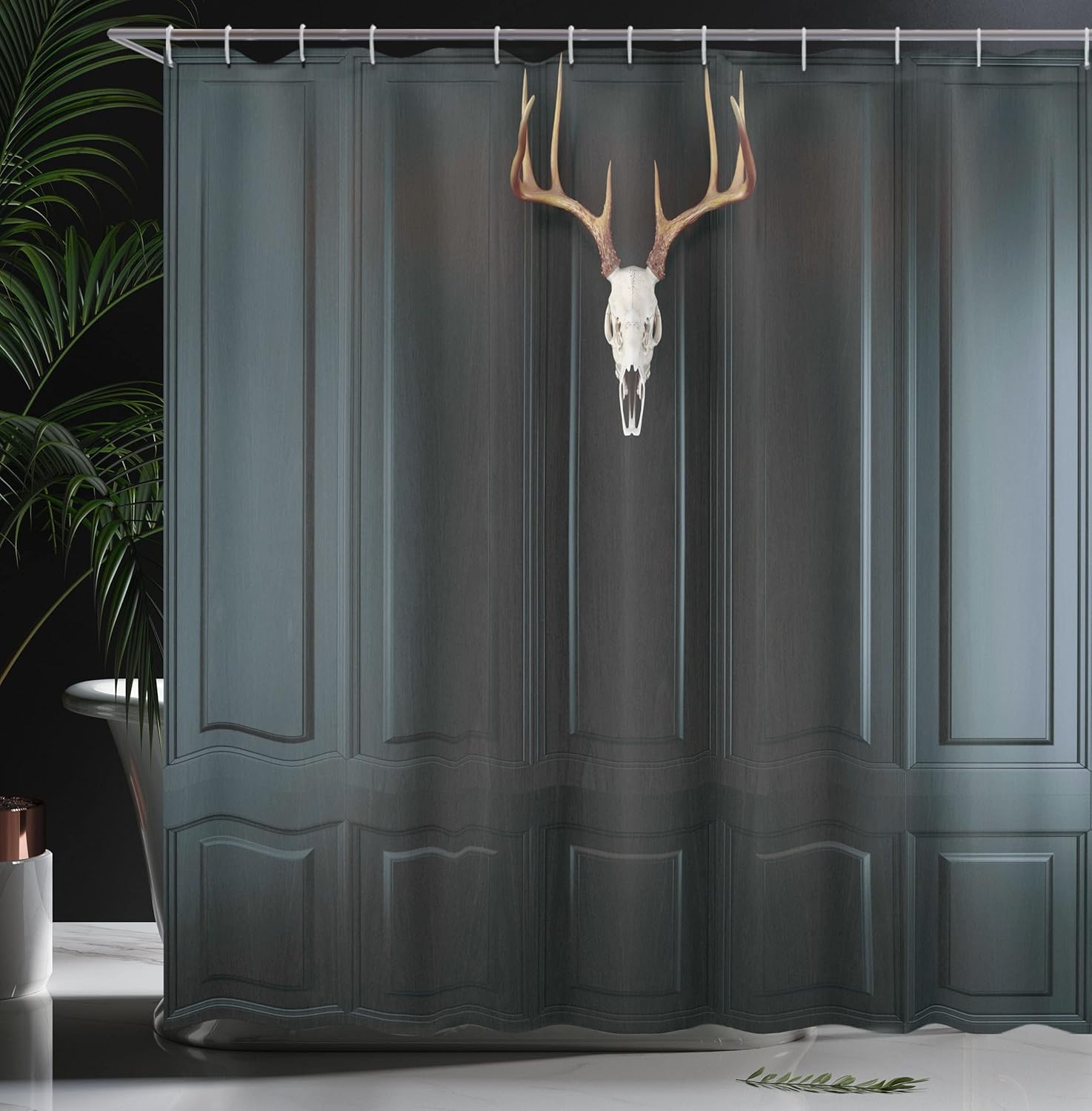 Ambesonne Antlers Shower Curtain, Deer Skull with Horns on a Wooden Wall Penal Hunting Interior View Cabin Image, Cloth Fabric Bathroom Decor Set with Hooks, 69" W x 75" L, Seal Brown