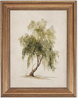 Gold Framed Vintage Tree Print Canvas Wall Art Farmhouse, Rustic Winter Tree Art Watercolor Weeping Willow Artwork for Hotel or Guest Room Wall Decor(12"L x 9.5"W)