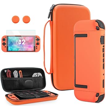 RHOTALL Orange Carrying Case for Nintendo Switch 2 2025 7.9 Inch, Cute Protective Portable Travel Carry Case with 10 Game Card Slots, Hard Shell Cover for Switch 2,Screen Protector,2 Thumb Caps
