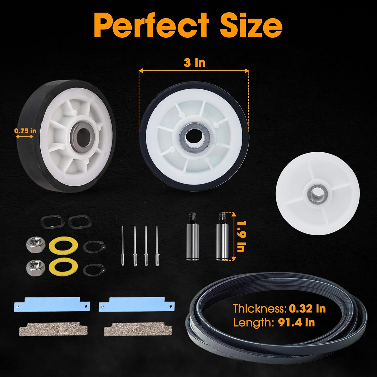 For Maytag Neptune 3000 Series MDE6000AYW MDE5500AYW Dryer Repair Kit Replaces Drum Rollers 12001541 303373K W10116741 303373, Belt 33002535 WP33002535 33001777, Idler Pulley 6-3700340 WP6-3700340