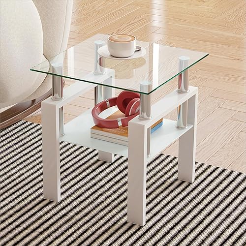 Miniatura 5 de Mesa auxiliar de cristal de 2 niveles, moderna mesa esquinera de cristal, mesa auxiliar para sala de estar con patas de metal para sala de estar,