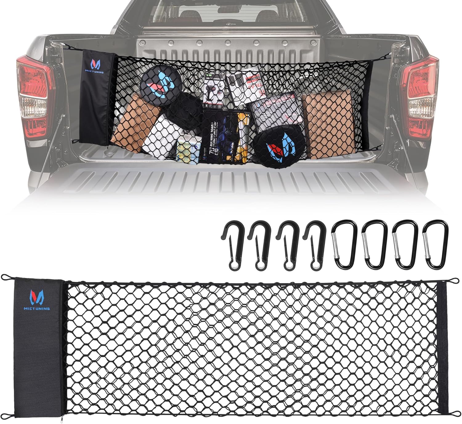 MICTUNING Truck Bed Cargo Net Highly Elastic Cargo Net with Storage Bag Small Mesh Durable Storage Organizer Compatible for 2013-2024 Chevy Silverado (16.9" X 49" to 62") Storage Bag Cargo Net