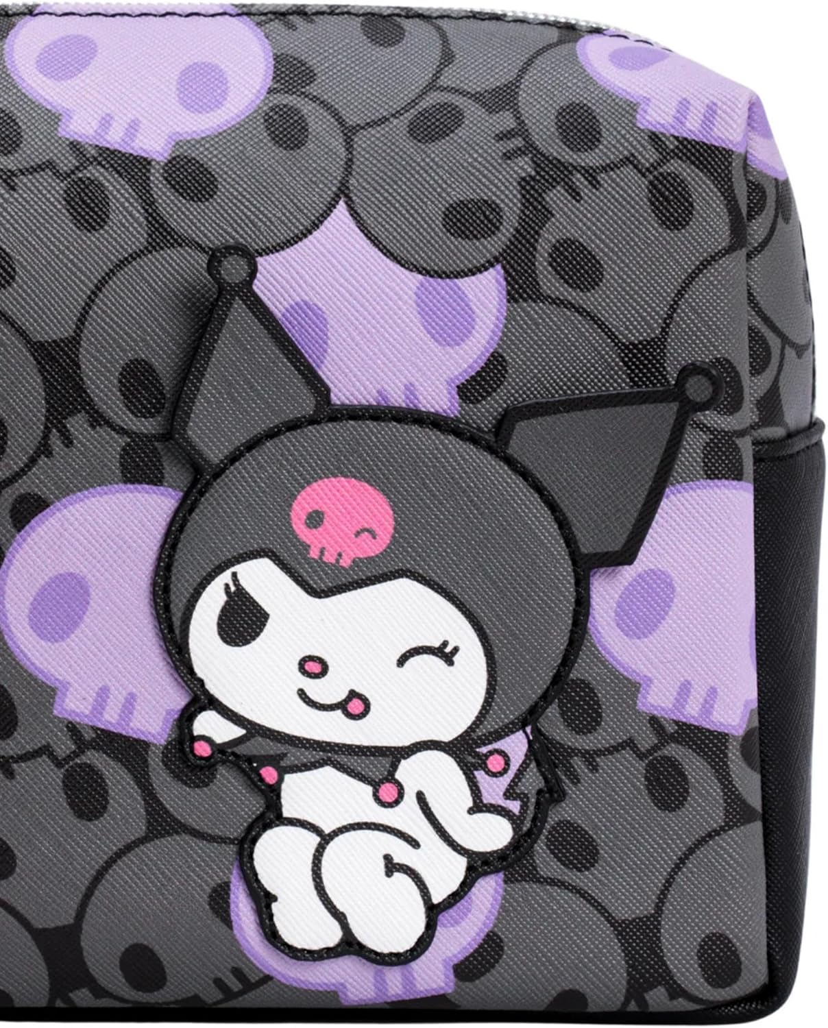 Impressions Vanity Kuromi Cosmetic Pouch for Women, Travel Makeup Bag Organizer with Kuromi Signature Logo, Slip Pocket, Inside Zipper Pocket, Faux Saffiano Leather, Purple Artwork Polyester Line