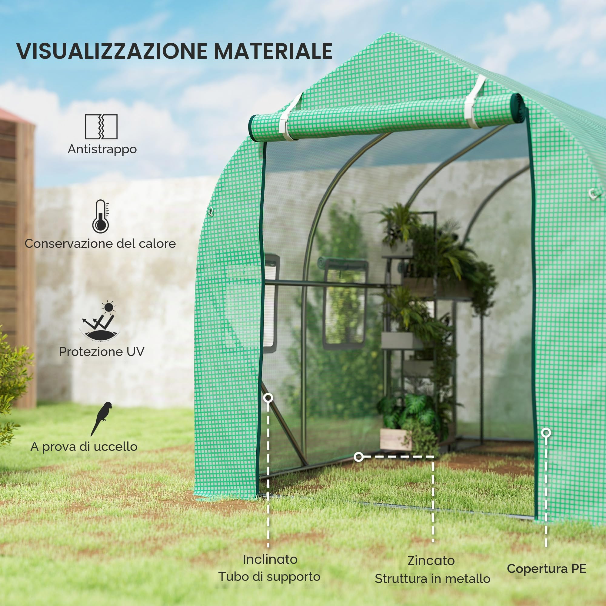 Outsunny Serra tunnel con finestre e porta per giardino 3 x 2 M | Serra pedonabile, giardino posteriore, telaio metallico