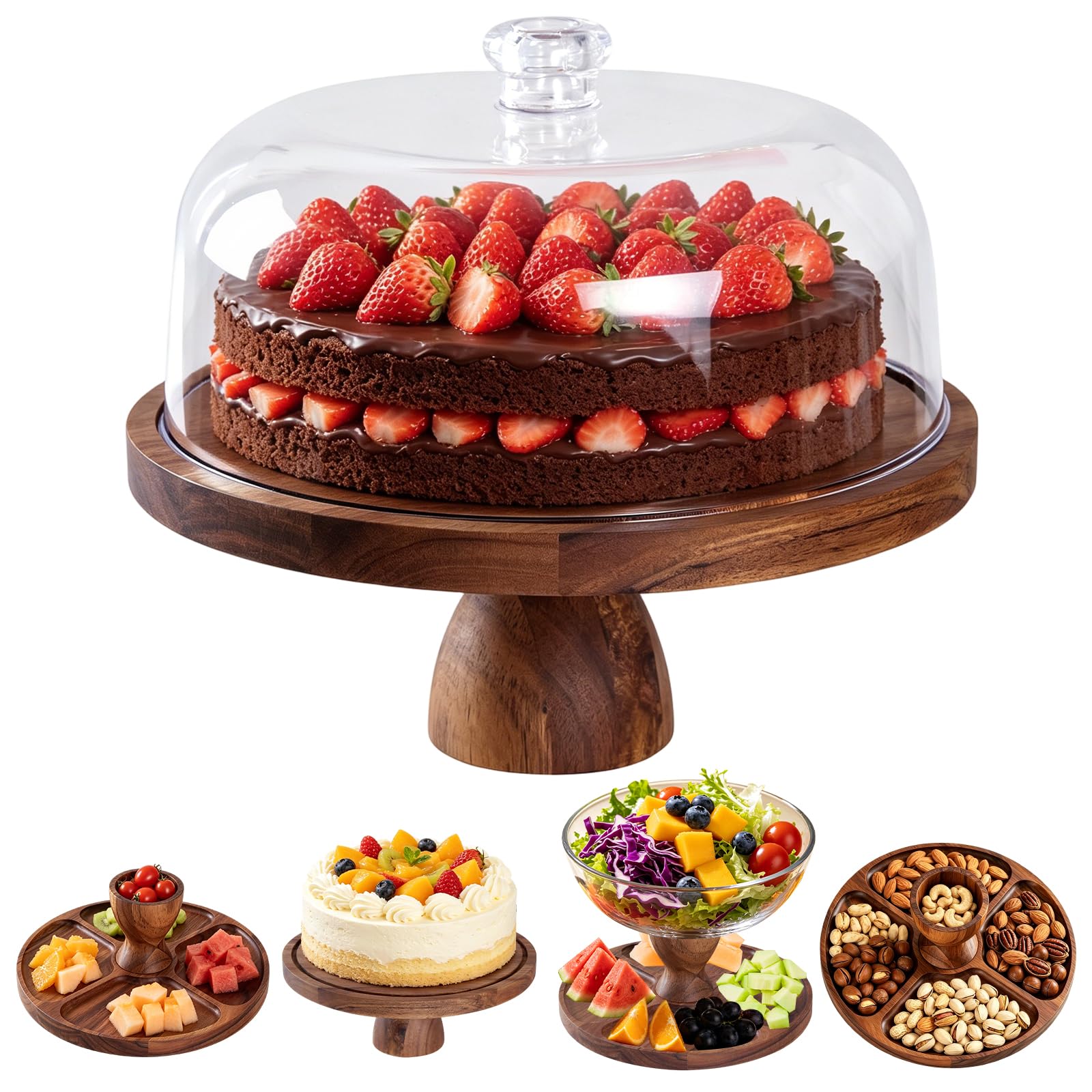 Buachois Soporte para Pasteles con Tapa y Patas, Ø 30 cm / 12 Pulgadas Pastel Tapa, Madera 2 en 1 Mesa de Doble Plaón de Charcutería de Redondo de Postres con Cúpula para Bandeja de Queso y Frutas