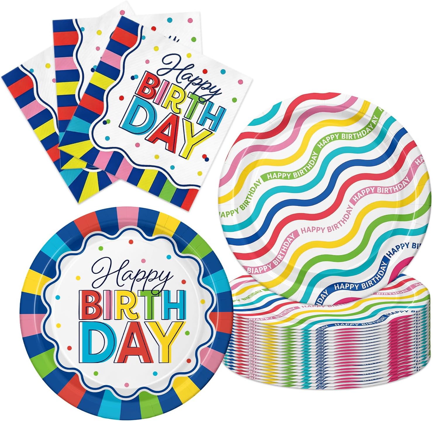 Colorful Happy Birthday Party Supplies, Vibrant Stripe Disposable Tableware, 40Pcs Rainbow Wave Birthday Plates and Napkins for Kids Birthday, Baby Shower, Baptism, Rainbow Themed Party Decorations