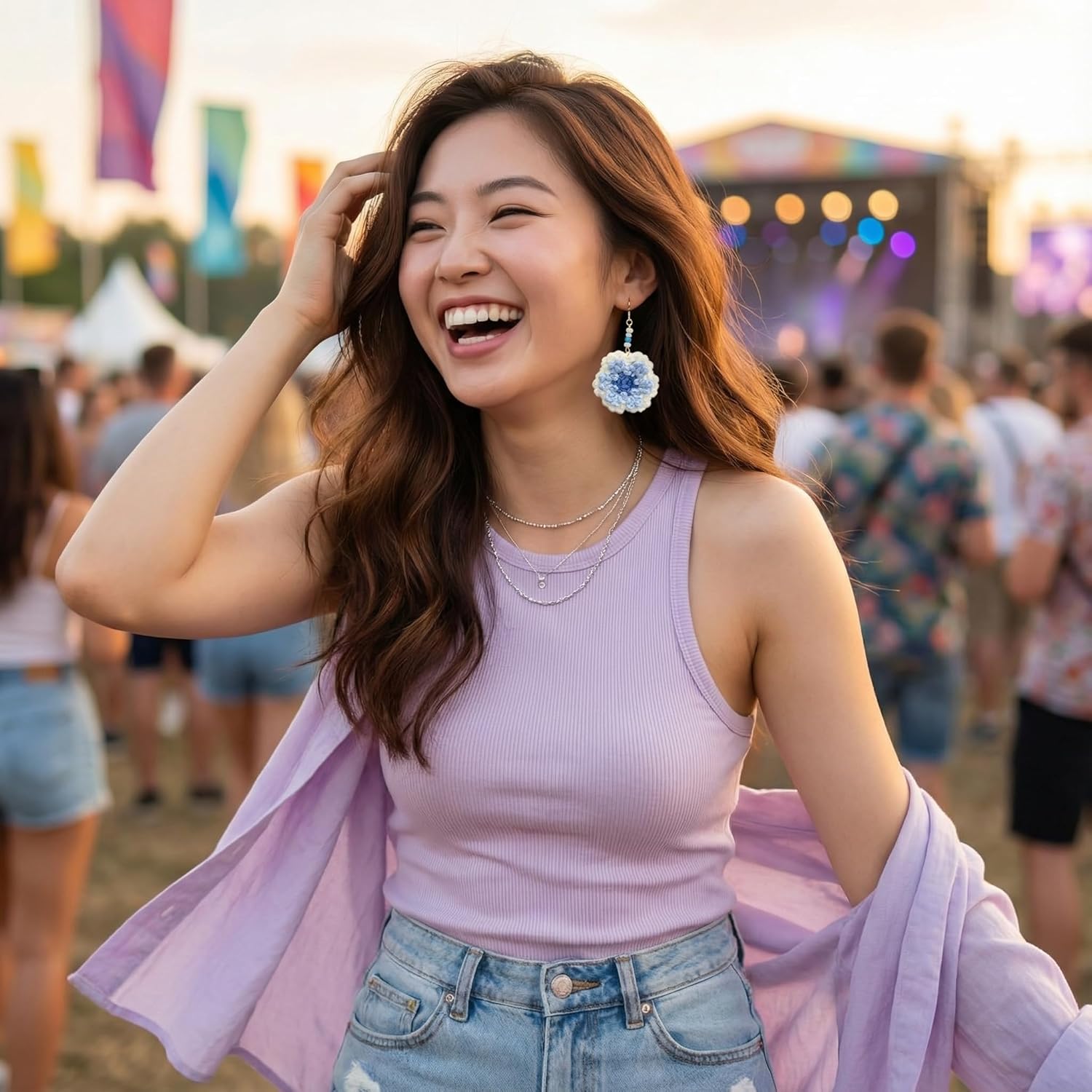 Azure Bloom Crochet Flower Earrings – Handmade Blue & White Floral Dangles, Lightweight Statement Earrings with 18K Gold-Plated Sterling Silver Hooks, Soft Winter Crochet Aesthetic, Gift for Women – KnitAra Handmade Magic - Image 7