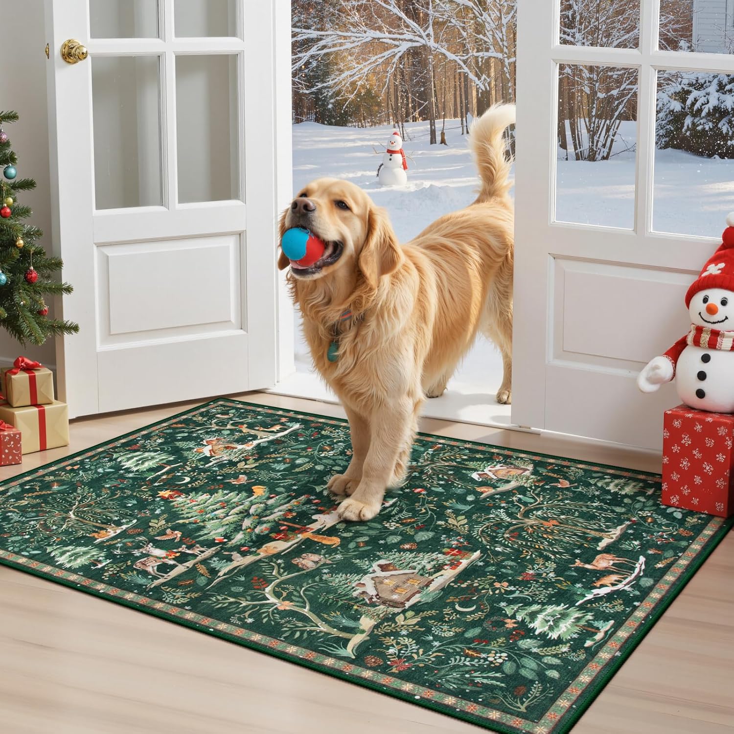 Lahome Christmas 2x3 Entryway Rug, Non Slip Soft Small Kitchen Rug, Christmas Indoor Door Mat for Entrance, Washable Xmas Low Pile Throw Rug for Bathroom Holiday Decor, Green