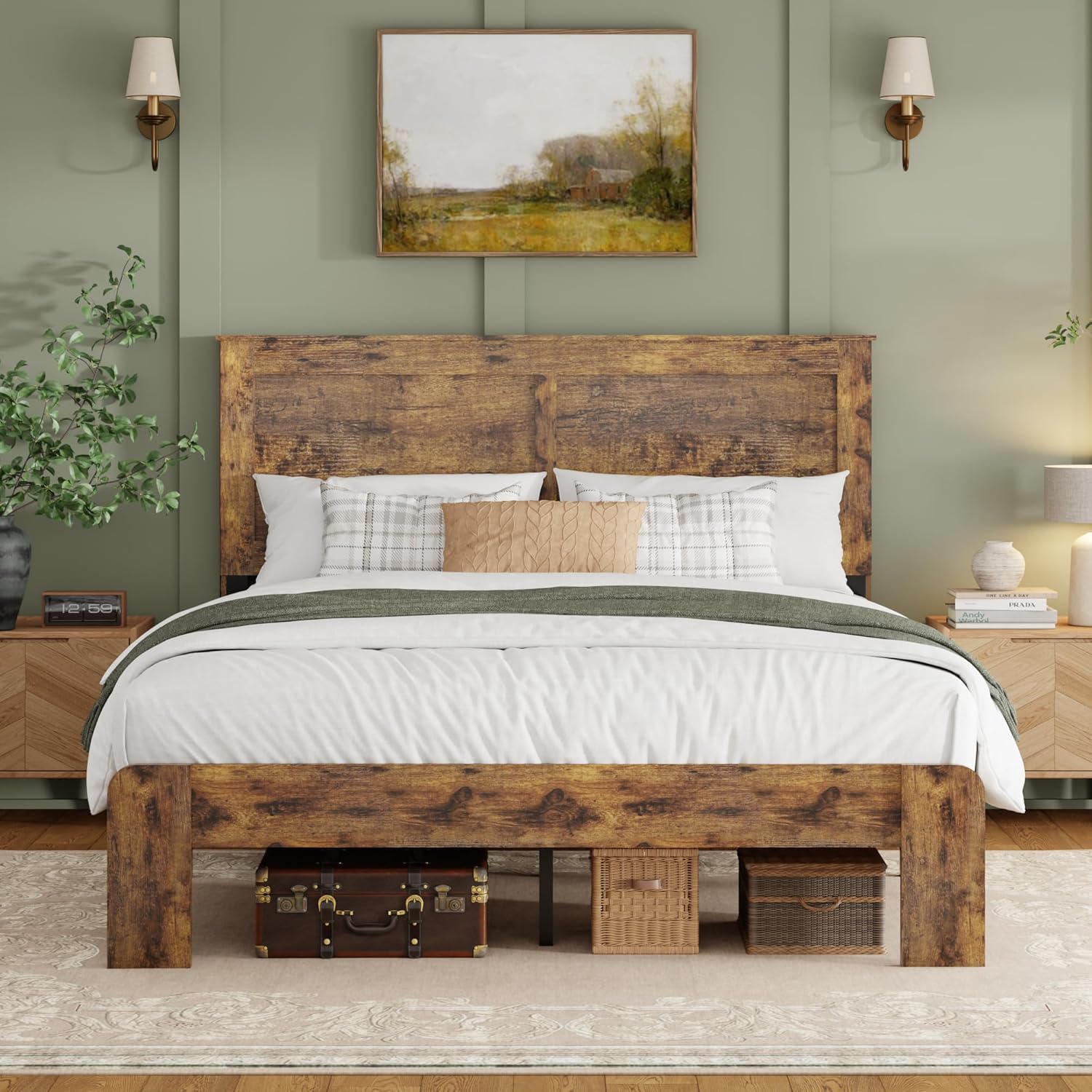 Queen Wood Platform Bed Frame, Queen Size Bed Frame with Headboard, Rustic Farmhouse Furniture, Sturdy Frame and Metal Slats, Noiseless, No Spring Box Required, Easy Assembly, Vintage Brown