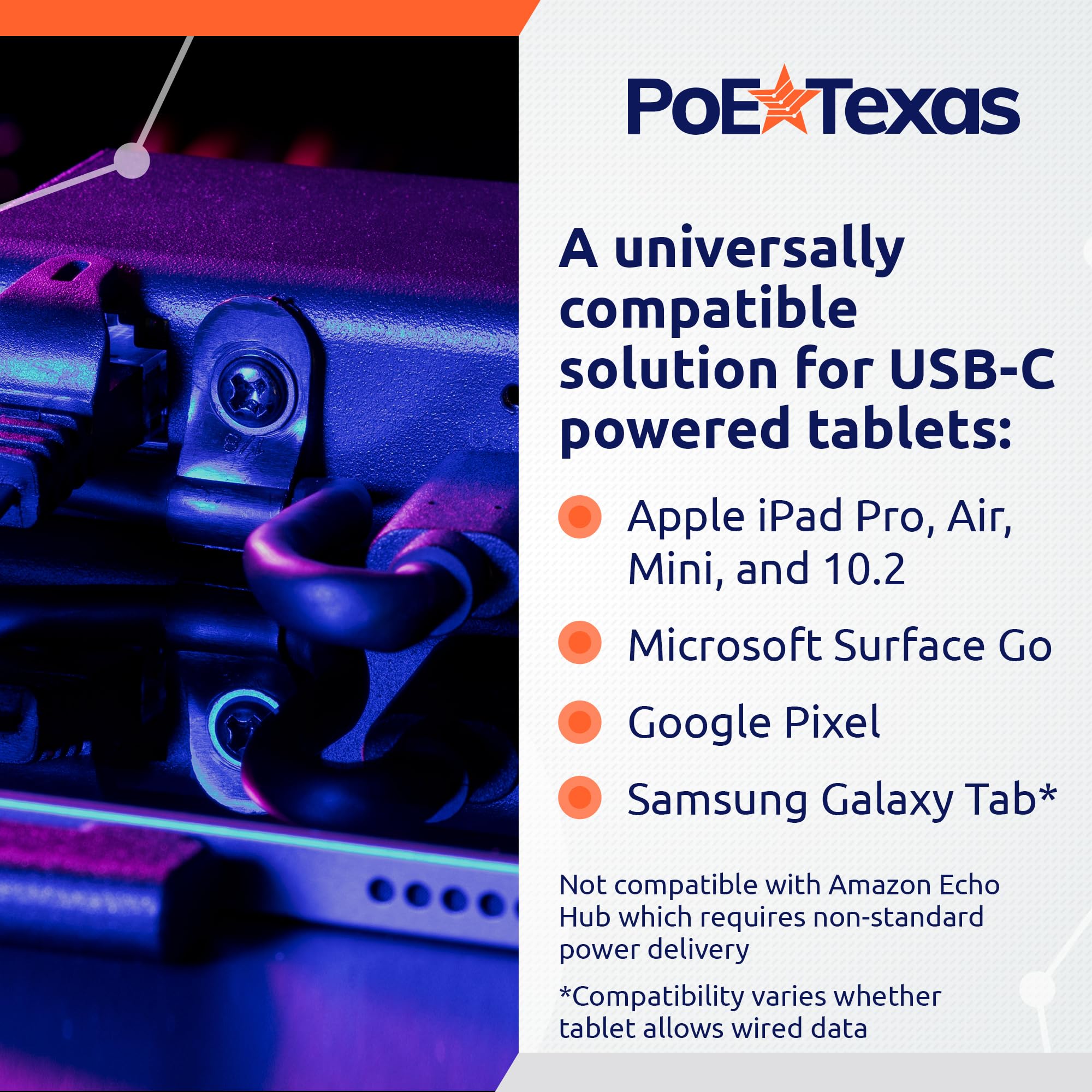 PoE Texas adattatore PoE+ a USB-C 3.0 con alimentazione e dati Gigabit da 25 W per tablet USB-C – adattatore Power over Ethernet 802.3at attivo per punti vendita e stazioni di lavoro