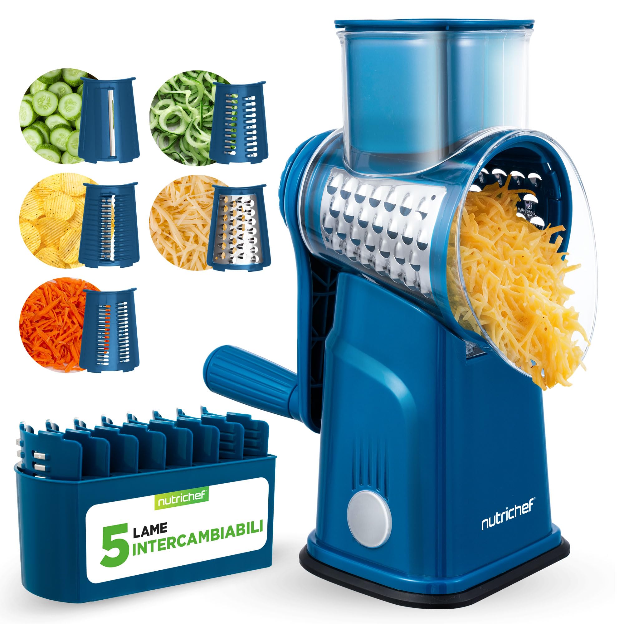 NutriChef Mandolina per Verdure 5 in 1 e Grattugia Formaggio per Cucina, Affetta Verdure con 5 Lame Intercambiabili, Manovella, Base a Ventosa e Contenitore, Accessori Cucina, Blu