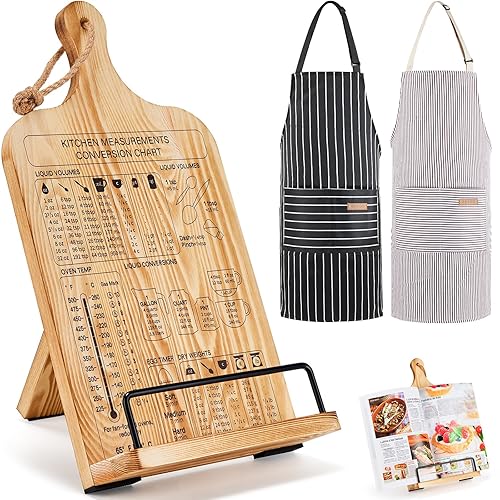 Housejoy Wooden Cookbook Stand with 2 Aprons, Hieght Adjustable Bookholder