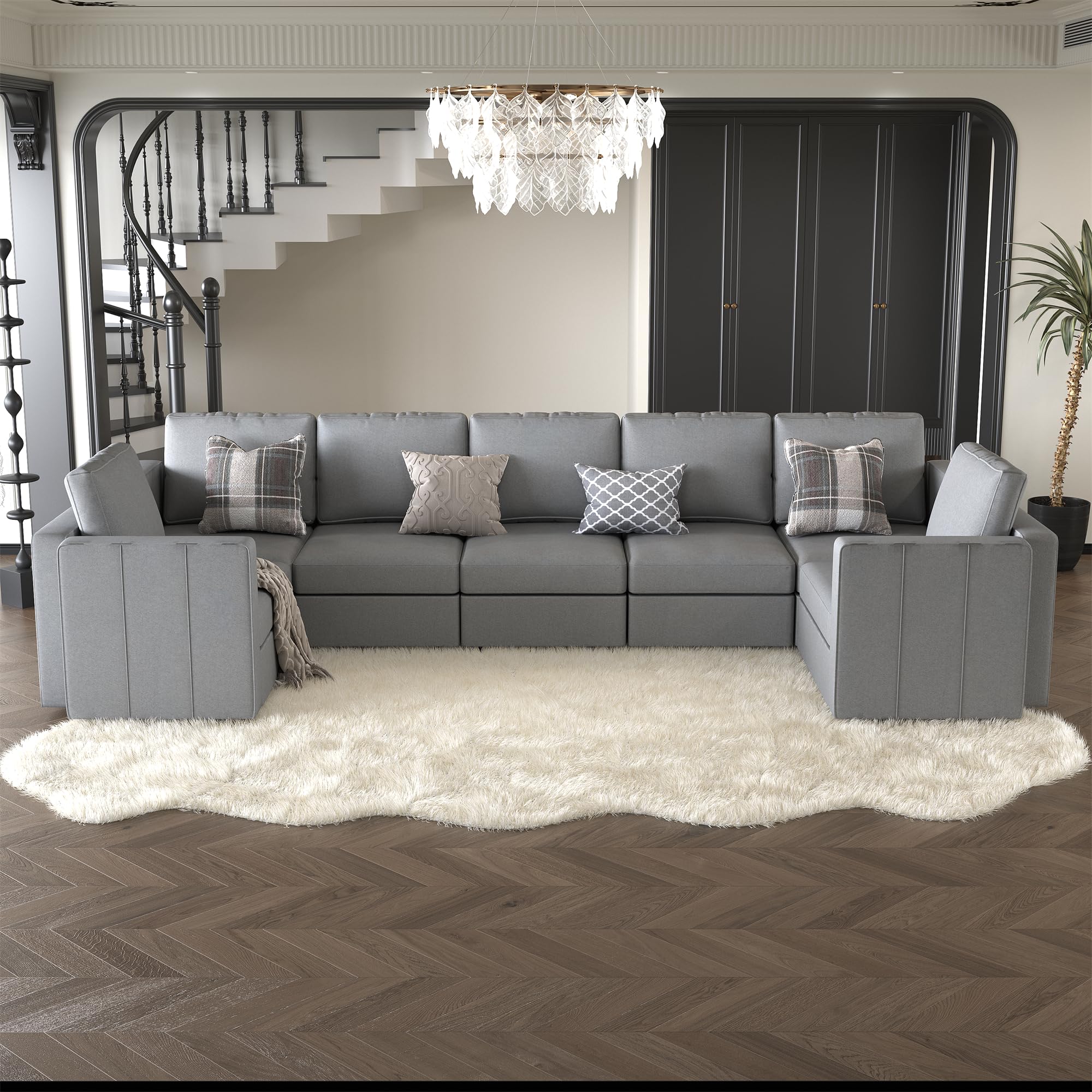 FLEXISPOT Modular Sofa, Sectional Couch U Shaped Sofa Couch with Storage, Memory Foam, Modular Sectionals Sofa, 7 Seat Sofa for Living Room, Velvet, Grey