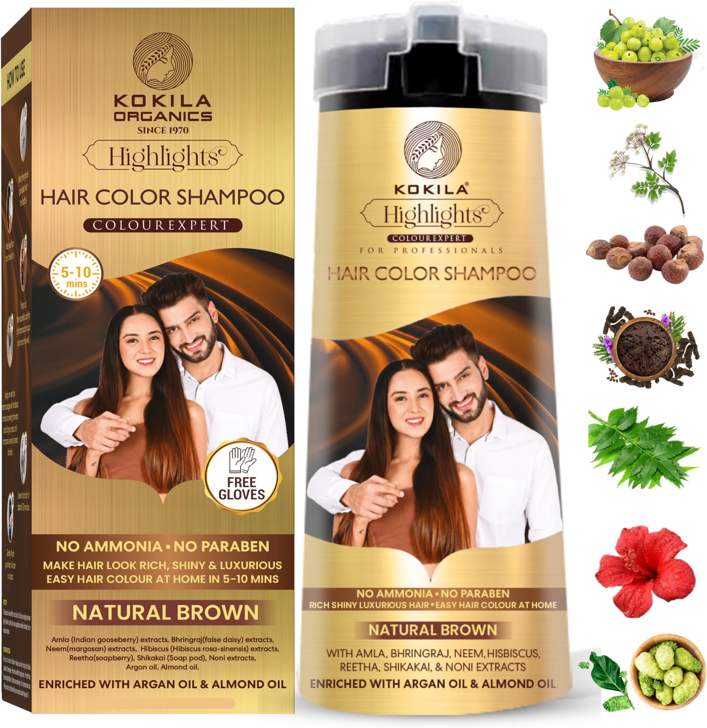 Hair Color Shampoo for Men & Women | No Ammonia - No Paraben | 10 Pair Free Gloves, Natural Brown 400Ml