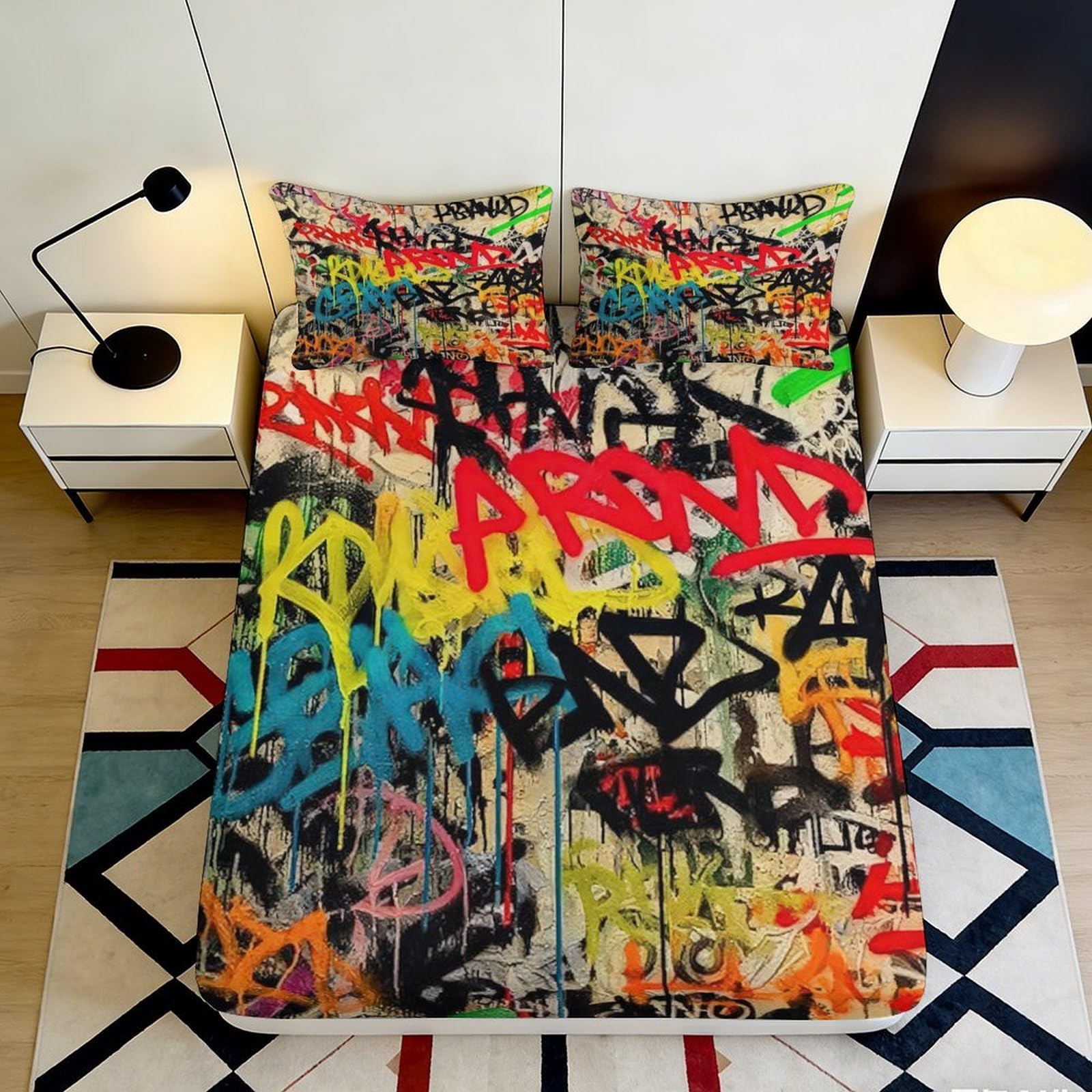 3D Printed Graffiti Urban Art Fitted Sheet Microfiber Vibrant Colorful Spray Bed Cover for Bedroom Dorm Mattress Protection Decor 140x200x25cm