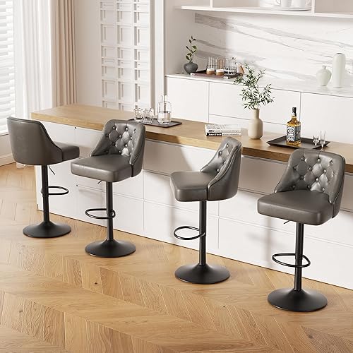 Miniatura 8 de Juego de 3 taburetes de bar, taburete de bar ajustable de altura de mostrador con respaldo, sillas de bar tapizadas de piel sintética, taburetes de