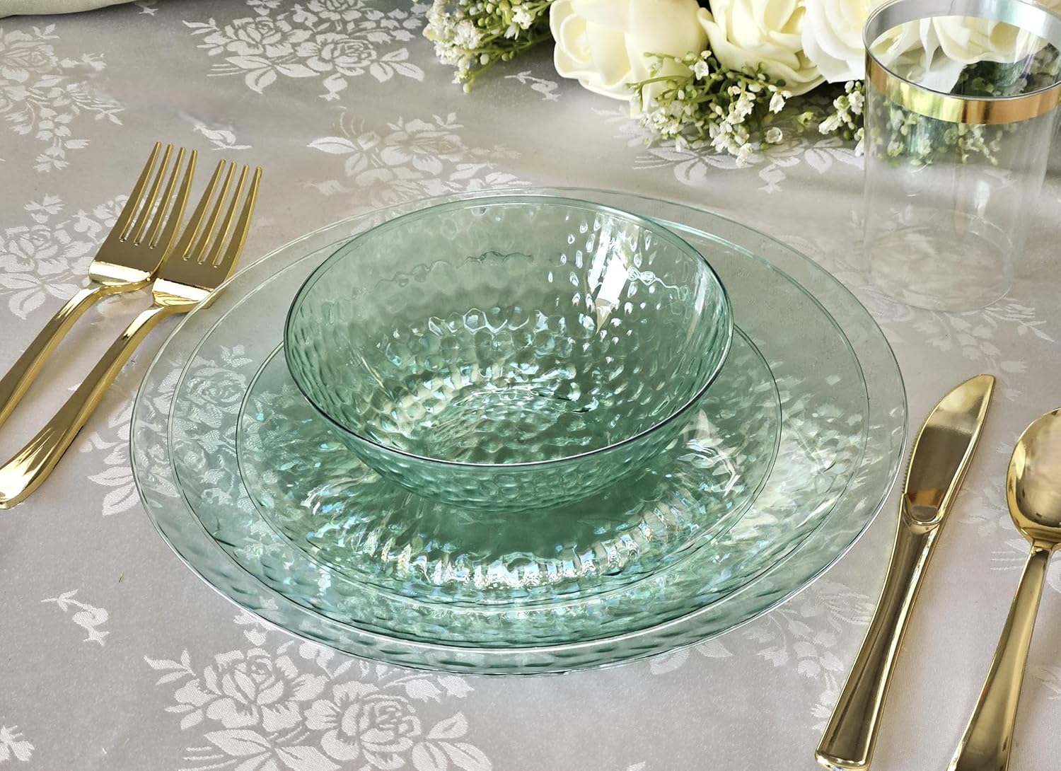 " OCCASIONS " 50 Plates Pack (25 Guests)-Heavyweight Wedding Party Disposable Plastic Plate Set -25 x 10'' Dinner + 25 x 7'' Salad/dessert plates (Coastal Clear Green) - Image 7