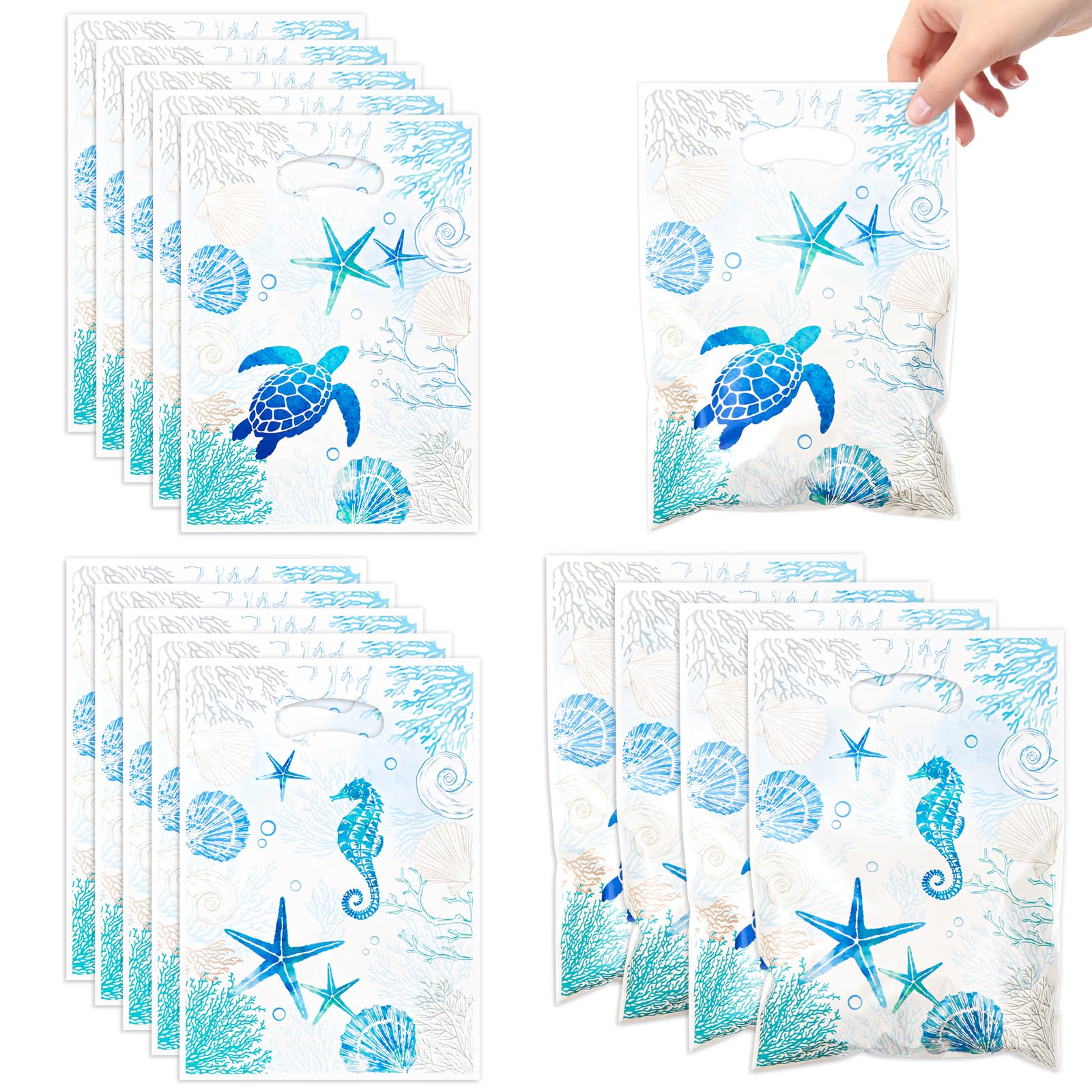 Coastal Party Favor Bags, 50pcs Turtle Seahorse Starfish Seashell Print Ocean Theme Plastic Goodie Candy Snack Treat Gift Bag for Summer Beach Wedding Birthday Baby Shower Under the Sea Party Supplies