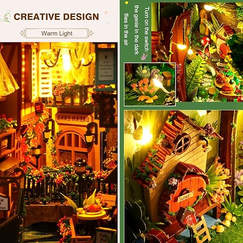 Miniatura 13 de Spilay Kit de montaje de rincón de libros en miniatura para casa de muñecas, rompecabezas de madera 3D con luz sensor, kit de creatividad para Libro