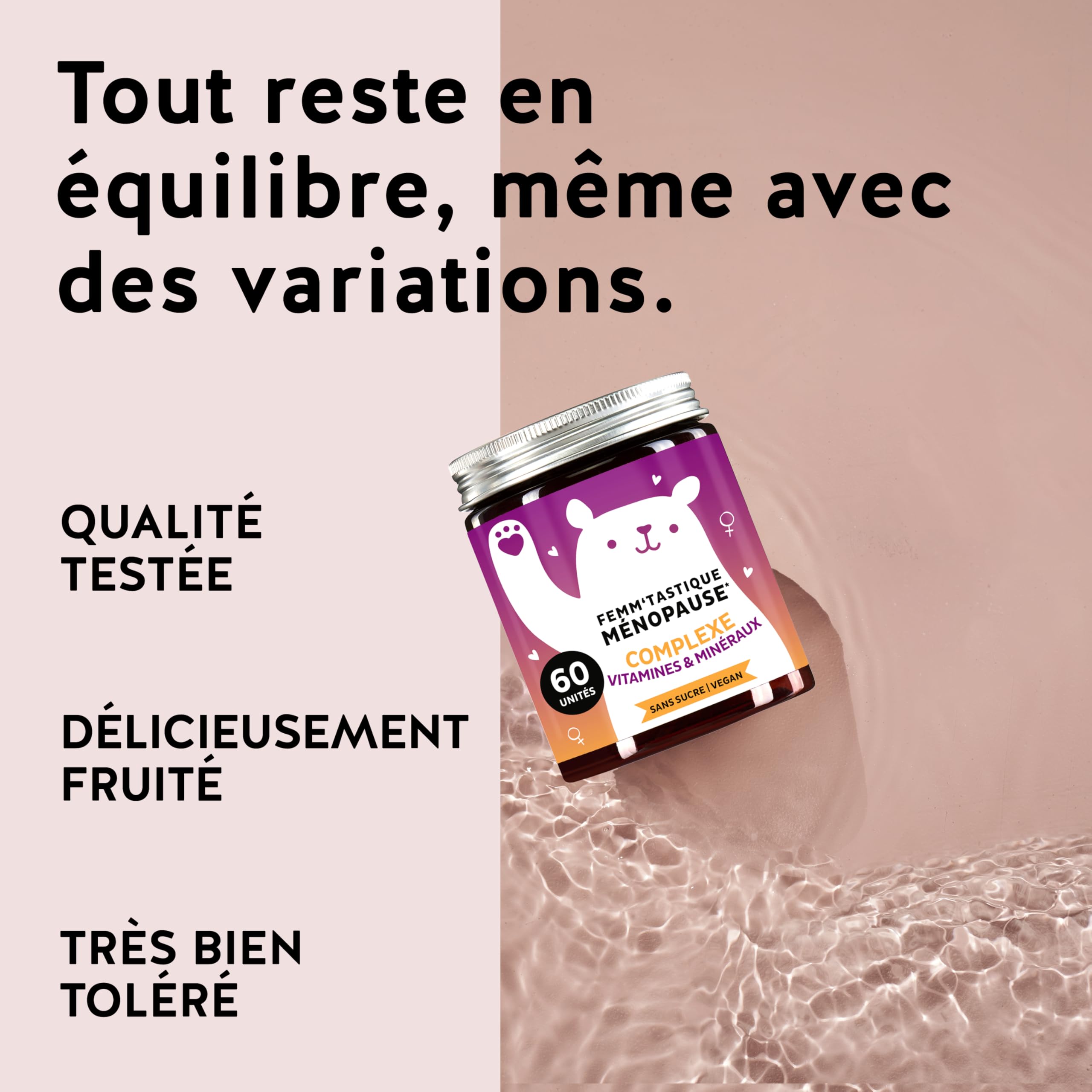 Femm'tastique Ménopause - Complexe vitamines et Minéraux - Vitamine C, D, E, Vitamines B, Zinc, Huile de graine de lin, CoQ10, Acide Hyaluronique - 60 unités - Vegan, Sans Sucre - Bears with Benefits