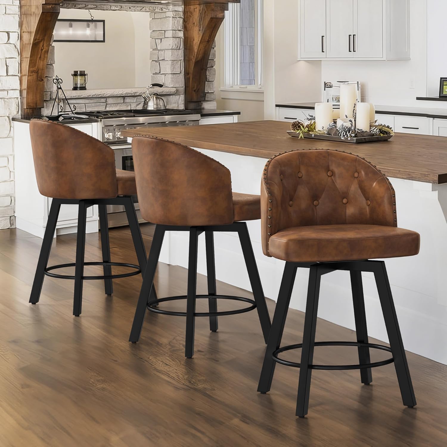 Counter Height Bar Stools Set of 3, 26" Swivel Faux Leather Upholstered Bar Stools with Backs and Metal Legs, Retro Counter Stools for Kitchen Island, Dining Room, Pub, Brown