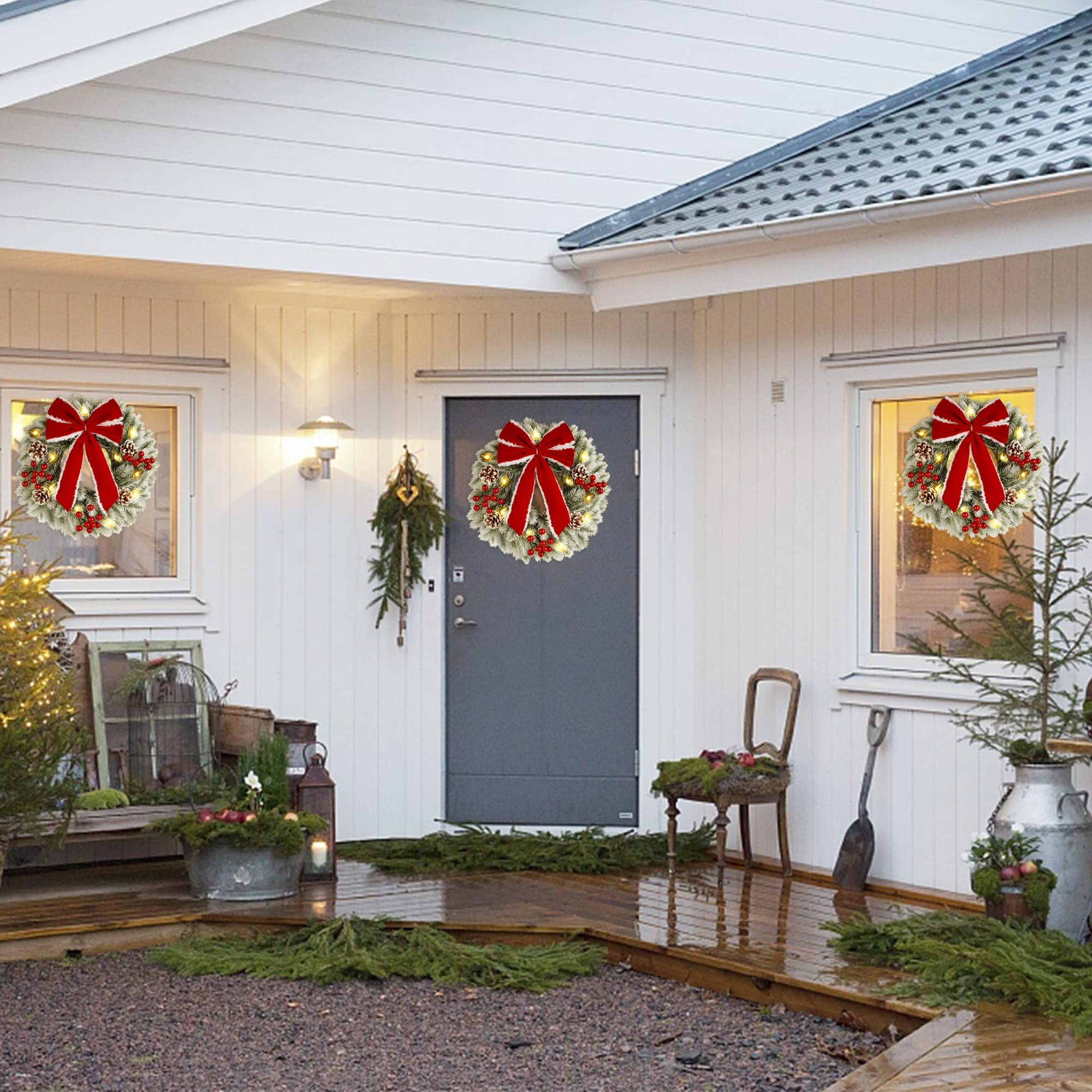 ATDAWN 2 coronas de Navidad, guirnalda de Navidad iluminada al aire libre de 15 pulgadas para puerta delantera, corona de Navidad para decoraciones de fiesta de Navidad