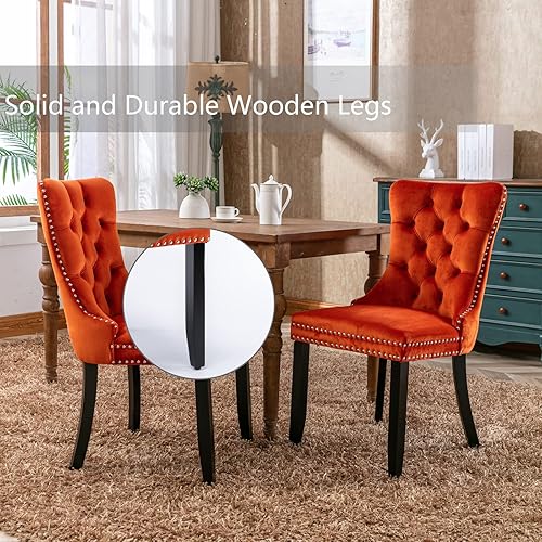 Miniatura 49 de Juego de 4 sillas de comedor de terciopelo beige, sillas de comedor tapizadas con adorno de tirador de anillo trasero y patas de madera maciza,