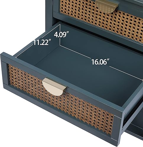 Miniatura 14 de Mesita de noche con 2 cajones decorados de ratán natural y 1 estante abierto, mesa auxiliar para dormitorio, sala de estar (gris)