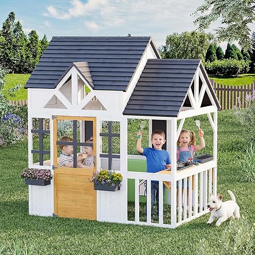 Outdoor Play House for Kids, Elevated Roof Wooden Kids Playhouse with Kitchen Toys, Blackboard,Magnetic Door, Flowerpot Holders, Bell, Pet Hole, Clock,Black and White