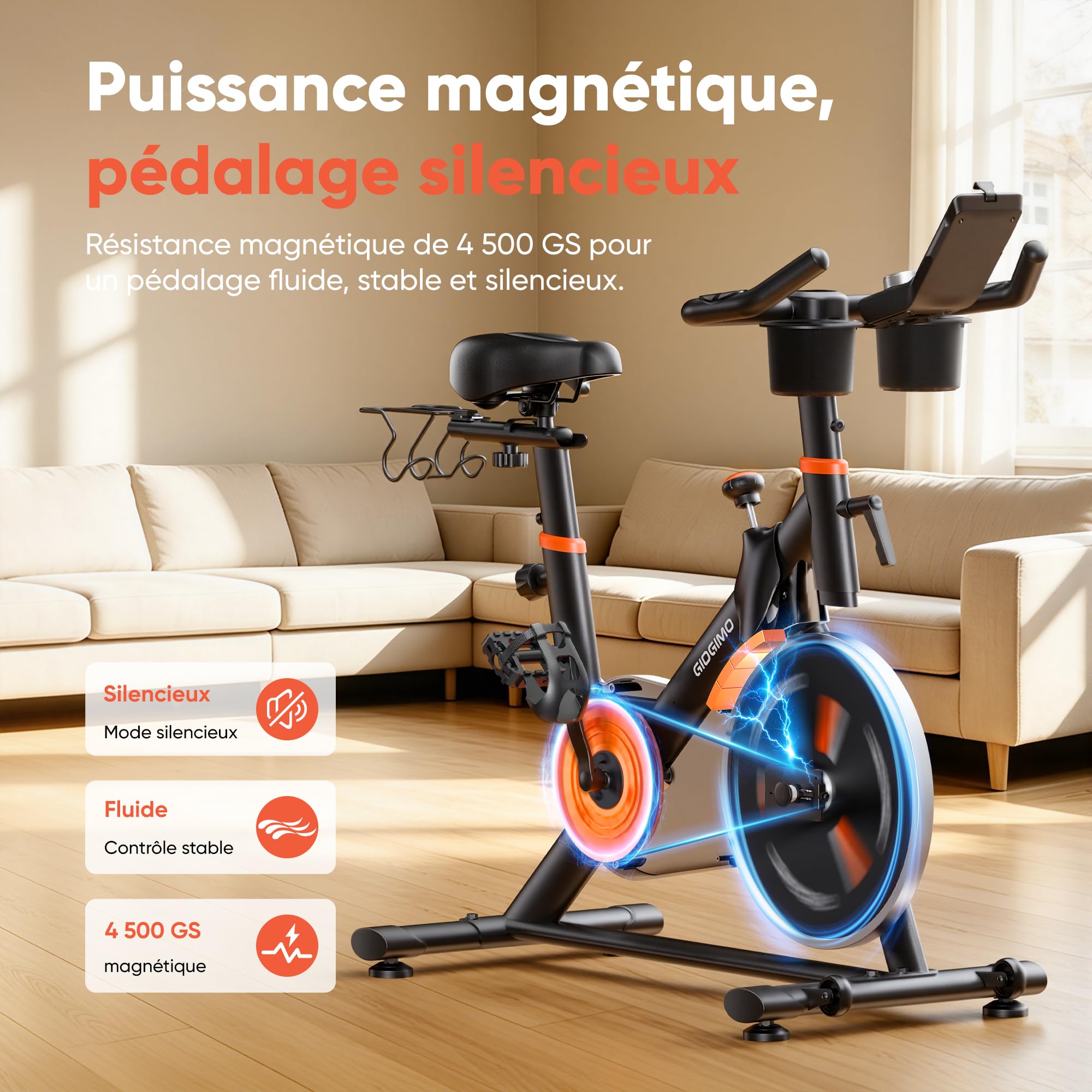 GIDGIMO 2026 Nouveauté Velo d Appartement, Vélo Spinning d’Intérieur Silencieux avec Résistance Réglable, Écran LCD, Selle Respirante, Capteur Cardiaque, Charge Maximale 150 kg