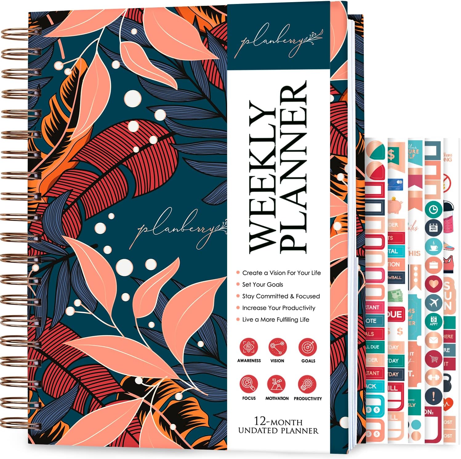PLANBERRY Large Weekly Planner Premium – Undated Life & Budget Planner – Organizer & Productivity Journal, 8x10.4″ (Tropical Night)