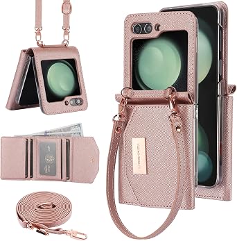 for Samsung Galaxy Z Flip 5 Wallet Case with Built-in Leather Cash Slot and Credit Card Holder. Wristlet Strap and Hinge Protection, Carrying Handbag Phone Case for Women Ladies.Rose Gold