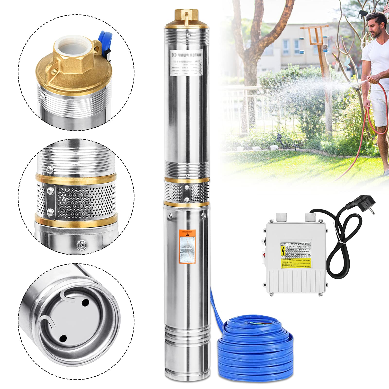 UISEBRT Pompa sommersa per fontane 4 pollici 1,1KW- pompa in acciaio inox per pozzi con portata di 4.000 l/h resistente alla sabbia con filtro antisporco, per irrigazione da giardino o uso domestico