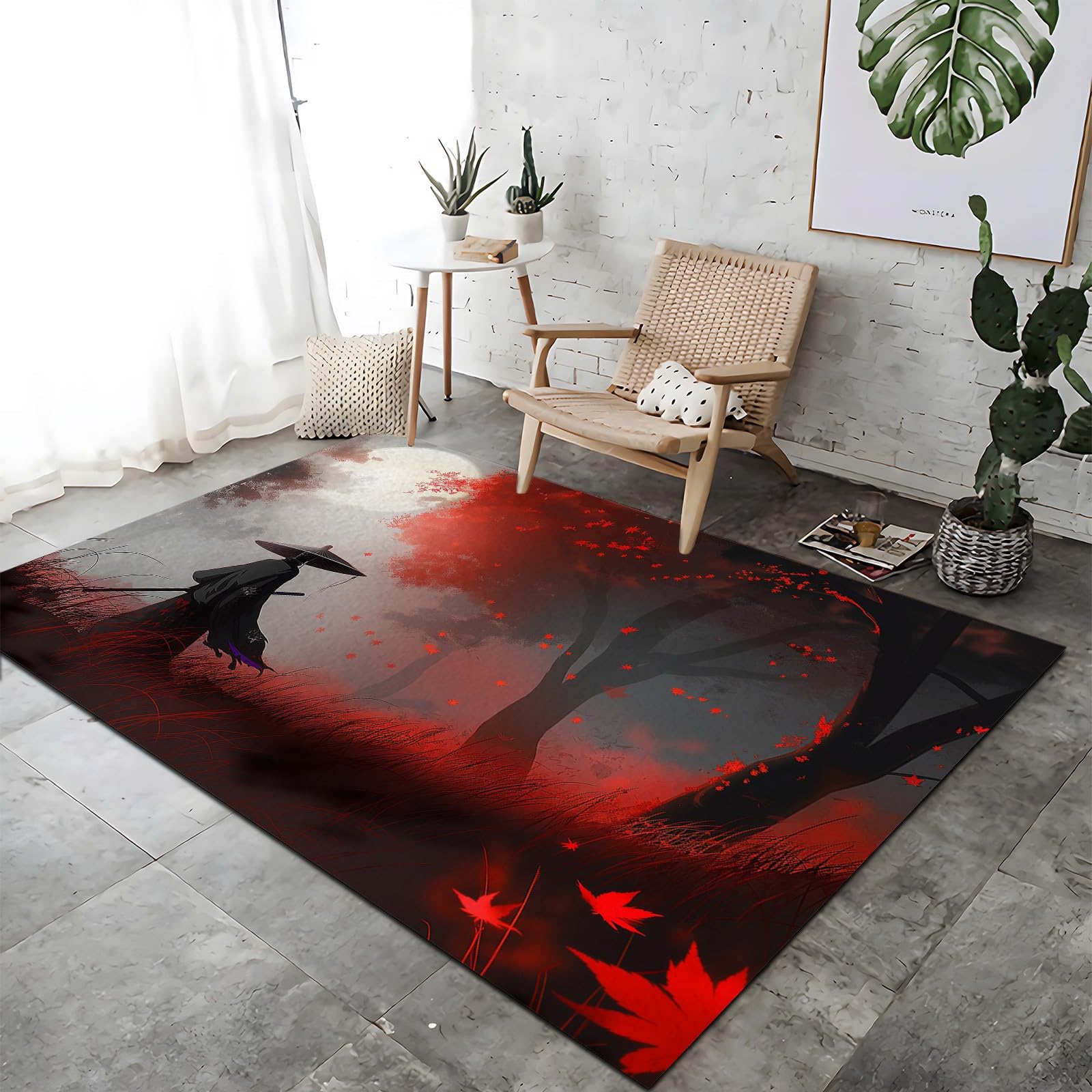 Tapis Chambre Anime Samouraï Arbre Rouge 80x150 cm Tapis de Salon Style Moderne Tapis Salon Doux à Poils Courts Tapis Antidérapant Intérieur Moelleux pour Salon Chambre