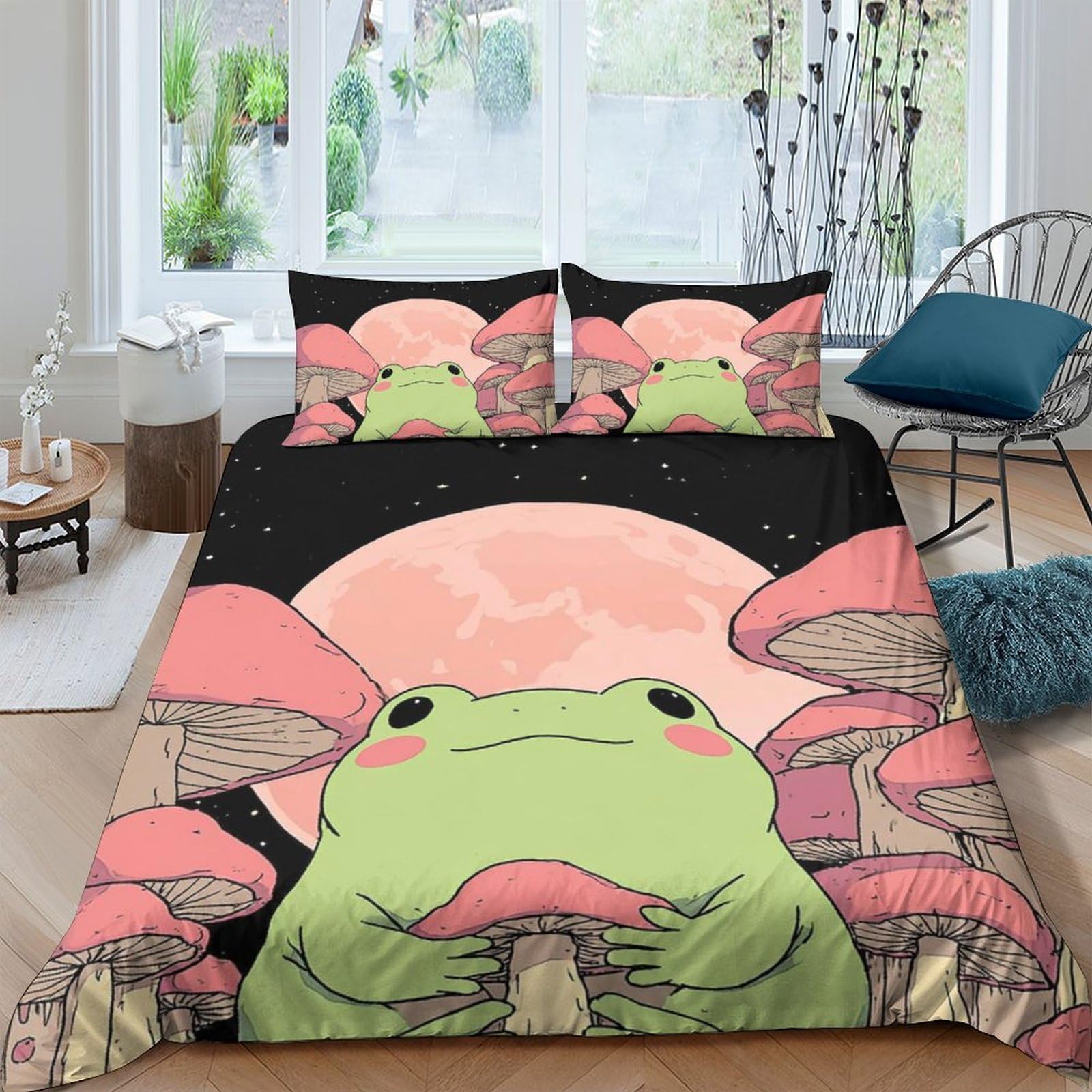 TUFRTGYHN 3D Printed Frog Mushroom Duvet Cover Set Microfiber Soft Breathable Pink Moon Quilt Cover with 2 Pillowcases for Bedroom Decor Single（135x200cm）