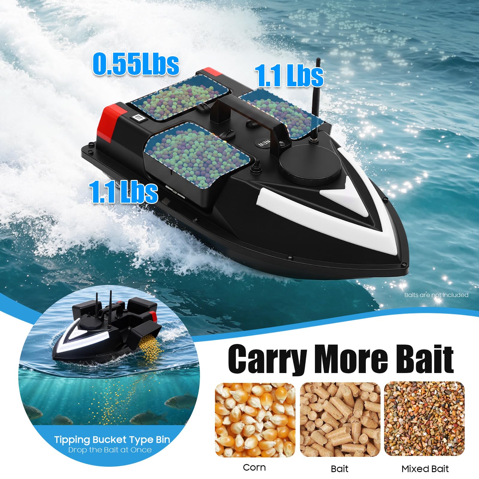 GPS Angelköderboot fischfinder, Angelboot wasserdichtes ABS-Boot mit automatischer Rückkehrfunktion, 5200mAh Akku und 3 Köderboxen, für präzises Ködern in großen Gewässern