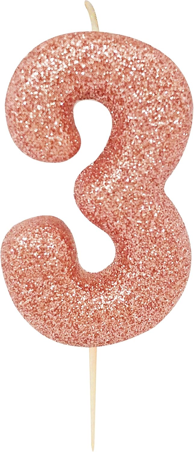 Anniversary House Age 3 Glitter Numeral Moulded Pick Candle Rose Gold