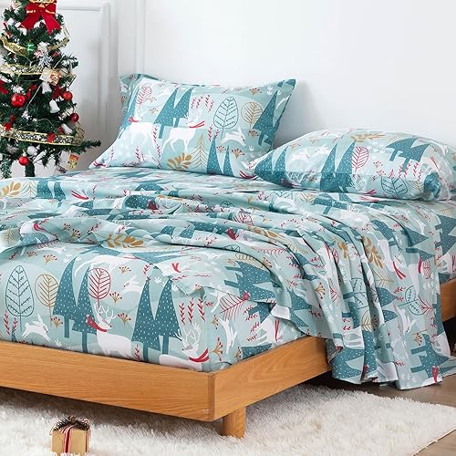 Miniatura 2 de KACEMOO Juego de sábanas de Navidad tamaño King, 4 piezas, juego de sábanas de ciervos y conejos blancos, juego de sábanas cálidas de invierno con