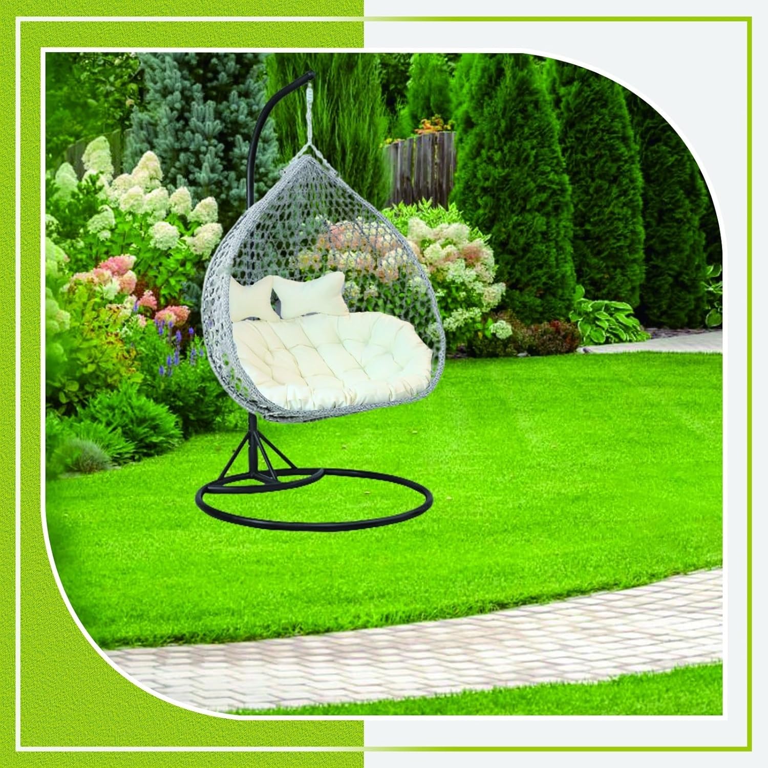 Double Swing Chair Cushion, Washable Hanging Egg Chair Replacement, Waterproof 2-Seater Hammock Seat Pads with 2 Detachable Pillows for Indoor & Outdoor Use