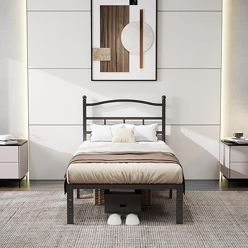 Miniatura 5 de Marco de cama individual de metal de 14 pulgadas con plataforma individual de metal con cabecera y almacenamiento debajo de la cama, camas